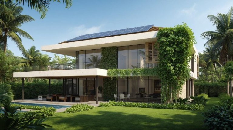 Teknologi Panel Surya Hemat Energi Rumah Tangga, Panel surya di atap rumah modern dengan langit cerah sebagai simbol efisiensi energi.