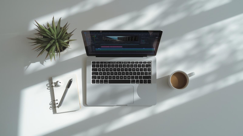 Laptop dengan earphone untuk membuat video tutorial berkualitas menggunakan fitur bawaan