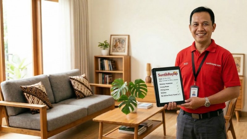 Teknisi jasa anti rayap profesional berwajah Indonesia sedang melakukan inspeksi di dalam rumah