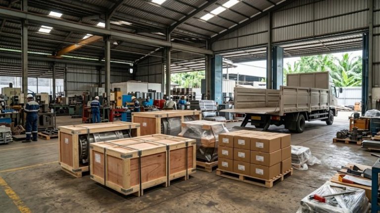 Alat industri yang telah dikemas untuk proses pengiriman cargo.