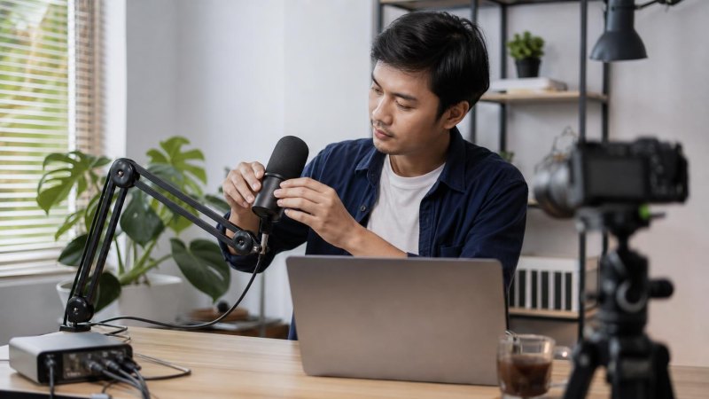Content creator menyiapkan microphone untuk merekam video
