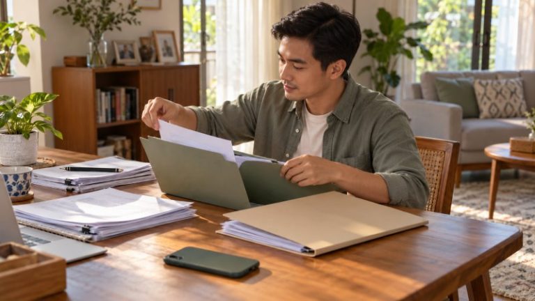menyiapkan formulir dan berkas untuk pengajuan klaim BCA Life di meja.